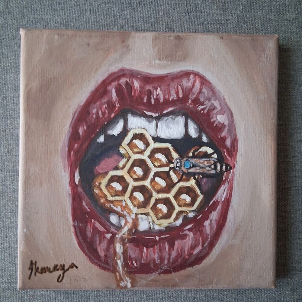 Queen Bee Honey Comb Mouth Painting Dripping Honey Acrylic Art Spiritual Art